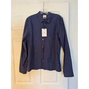 NWT Paul Smith Slim Fit Long Sleeve Navy Button Down Shirt with Green Accent